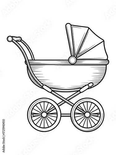 Vintage baby carriage or pram illustration in black and white sketch style