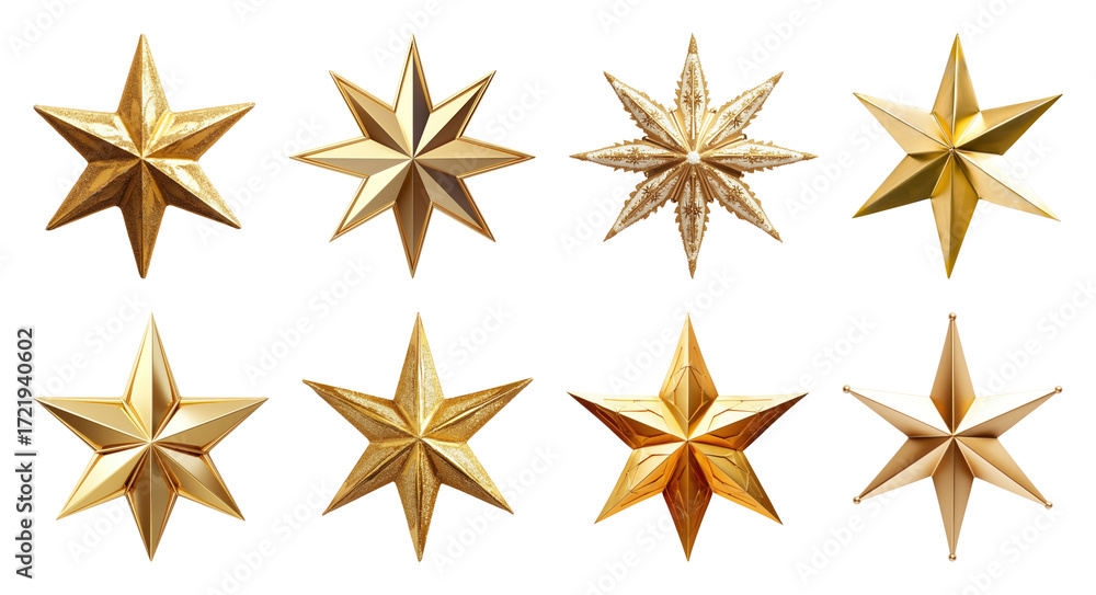 Fototapeta premium PNG Shiny golden decorative stars, element set on transparent background