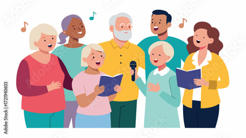 A group of volunteers holding a singalong session with a group of elderly individuals promoting social interaction and reducing feelings of isolation.. Vector illustration