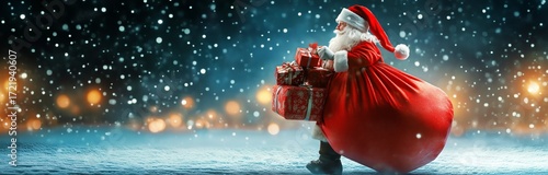 Santa Claus Delivering Gifts in a Snowy Landscape During Christmas Night