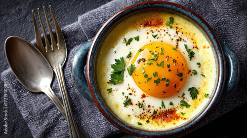 Oeufs cocotte Baked eggs with cream in a ramekin 