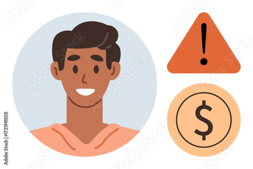 Portrait of a smiling person next to a triangle alert icon and dollar sign circle. Ideal for finance, warning, notifications, budgeting, money safety, communication, awareness. Simple flat metaphor