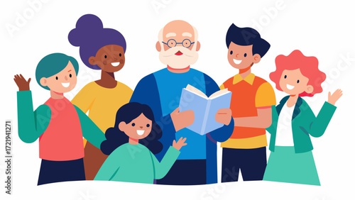 A diverse group of individuals of all ages engaged in storytelling using different props and gestures to enhance their memories and make them come to life. Each person adds their. Vector illustration