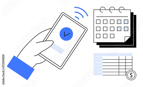 Hand holding smartphone with checkmark confirming payment, calendar for scheduling, and expense sheet. Ideal for fintech, time management, budgeting, productivity, planning, mobile apps and finance
