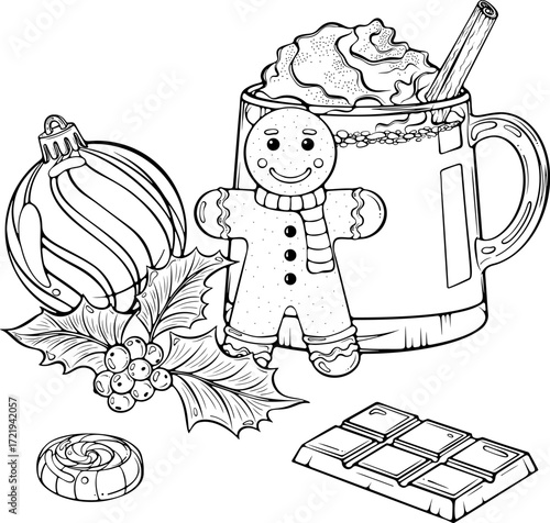 Holiday composition with eggnog, gingerbread cookie, holly leaves, Christmas ball. For card, poster, print, seasonal design. Vector illustration in hand drawn sketch style. Line art isolated on white