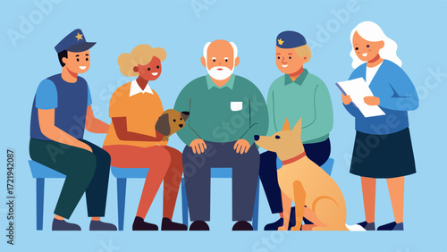 A group of veterans gathered around a therapy dog sharing stories and memories of their time in service.. Vector illustration