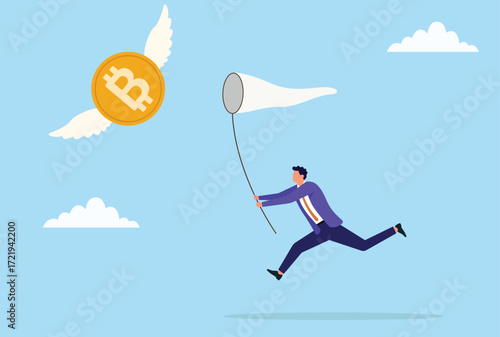 Vector illustration of a businessman trying to catch bitcoin with a net, symbolizing pursuit of cryptocurrency, digital money, blockchain wealth and financial success
