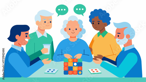 A group of volunteers visiting a nursing home to play brain teaser games with the residents keeping their minds sharp and promoting social connections.. Vector illustration
