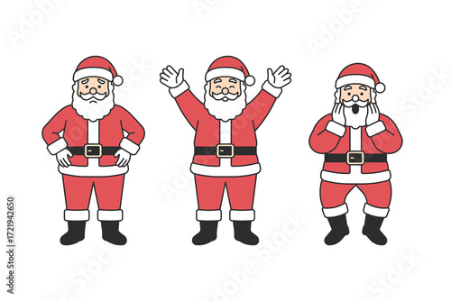 Santa Claus character set with sad expression, joyful arms raised pose and surprised face gesture, traditional red costume with beard, Christmas mascot for holiday season. Flat vector illustration