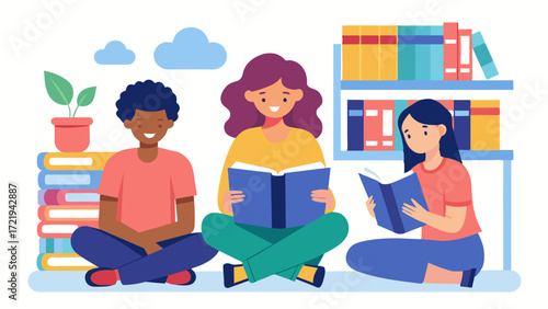 A group of teens in a library taking turns reading from an interactive book about mental health and selfcare. The book includes interactive exercises and prompts for selfreflection. Vector