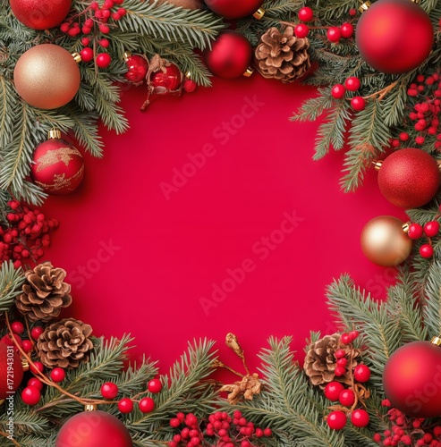 Festive Holiday Decoration Featuring Red and Gold Ornaments With Pine Branche...