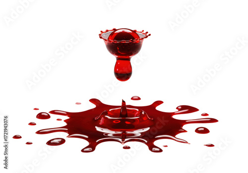 Hyper-viscous blood droplet, suspended over spreading reflective pool with tendrils, clean transparent studio, extreme macro, high-key lighting. Scientific fluid dynamics