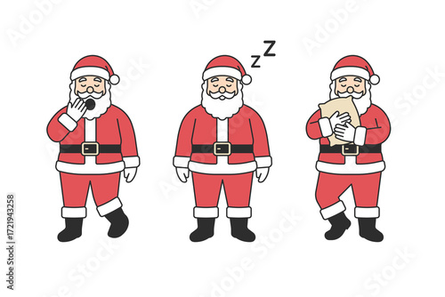 Santa Claus character set yawning, sleeping with Z symbol and hugging pillow, traditional red costume with beard, festive Christmas mascot for holiday season design. Flat vector illustration