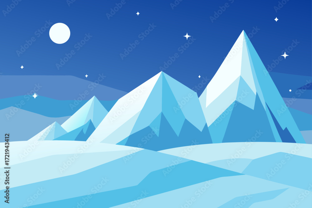 Fototapeta premium Cold winter landscape with snowy mountains and a glowing moon in the night sky