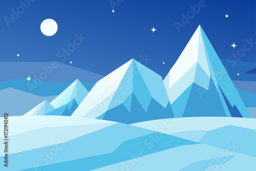 Cold winter landscape with snowy mountains and a glowing moon in the night sky