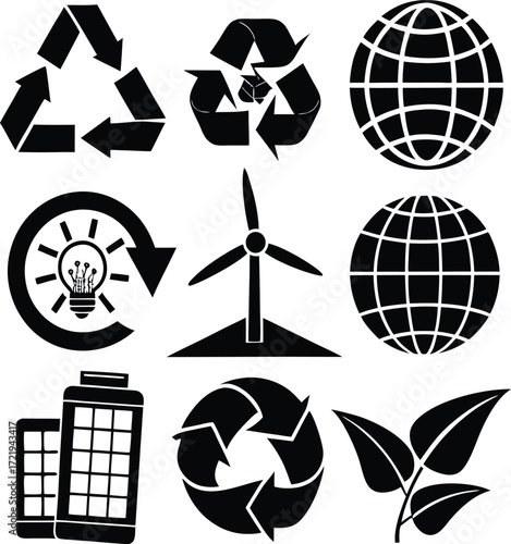 Eco friendly symbols set a collection of icons representing recycling sustainability energy and nature conservation concepts