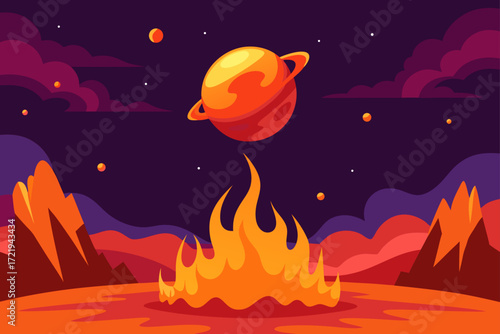 A fiery vector illustration of a dark night sky with a moon and starsA fiery vector illustration of a dark night sky with a moon and starsA fiery vector illustration of a dark night sky with a moon an