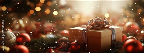 Holiday Gift Box Surrounded by Festive Decorations and Falling Snowflakes