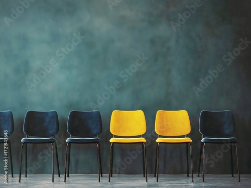 Bright Yellow Chair Stands out Among Blue Chairs in Modern Interior Design