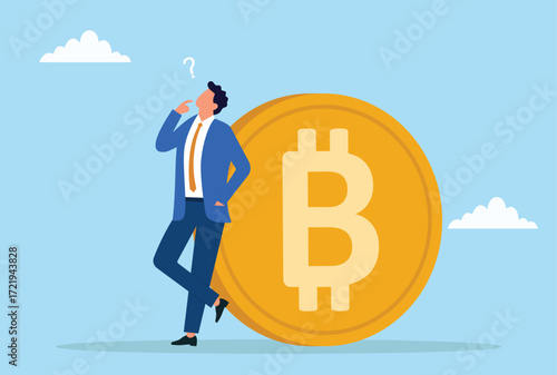 Vector illustration of a businessman standing near bitcoin, deep in thought, symbolizing contemplation and strategic decision making in cryptocurrency investments