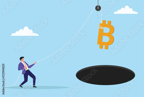Vector illustration of a businessman pulling a Bitcoin symbol away from a dark hole, representing effort to save cryptocurrency investment from financial loss or market crash
