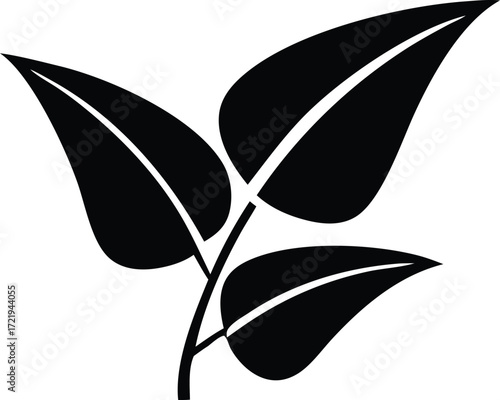 Simple silhouette of three black leaves emerging from a stem naturalistic plant growth symbol freshness organic and eco-friendly design element