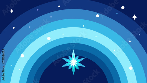 Blue and white stars decorate a winter holiday background with snowflakes and festive lights