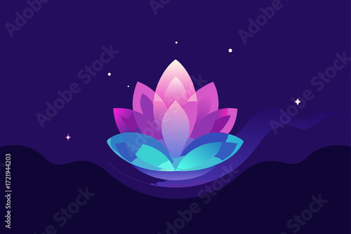 A stunning purple lotus blossom blooms serenely on a tranquil pond at night, showcasing its beautiful petals and a vibrant yellow center