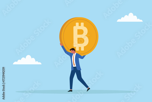 Vector illustration of a businessman struggling to carry a giant Bitcoin, symbolizing the heavy burden, challenges, and pressure of cryptocurrency investments and blockchain economy
