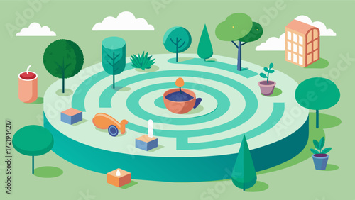 A labyrinth garden with changing scents and textures as one navigates through the paths providing mental stimulation and a sense of accomplishment for an elderly person.. Vector illustration