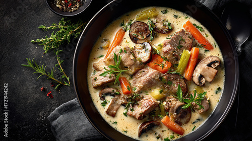Blanquette de Veau Veal in white sauce with vegetables in a shallow bowl