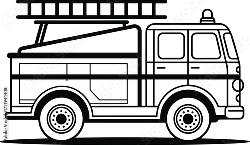 Black and white illustration of a fire truck with a ladder Keywords: fire truck, fire engine