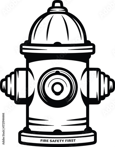 Black and white illustration of a fire hydrant with text Keywords: fire hydrant, water, safety