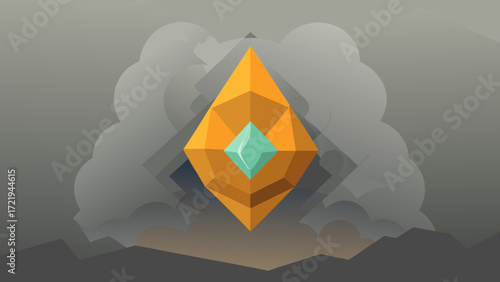 Abstract geometric background with shiny origami paper triangles and faceted crystal heart jewels