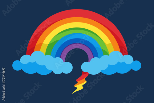 A whimsical, colorful rainbow arcs across a cartoon blue sky, with a friendly sun peeking out from behind a fluffy white cloud illustration