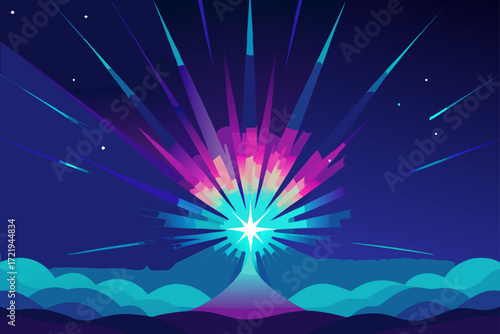 An abstract blue sky illustration with a bright star burst of light, a magical space backdrop