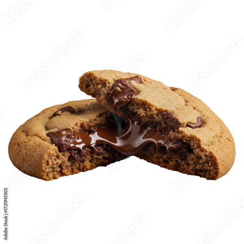 A single gourmet chocolate chip cookie, broken in half, revealing a rich molten gooey dark chocolate core with glistening oozing chocolate and steam, isolated on a transparent background. Concept for