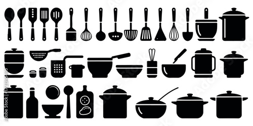 Collection of kitchen utensils and cookware on white background