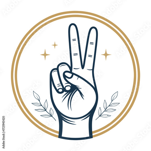 Stylized peace hand gesture icon with gold stars and leafy branches in circular frame isolated on white background