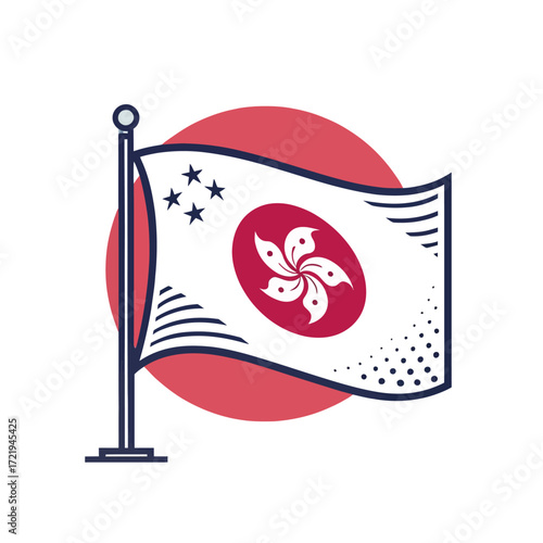 Stylized Hong Kong flag illustration with Bauhinia flower and scenic red circle isolated on white background