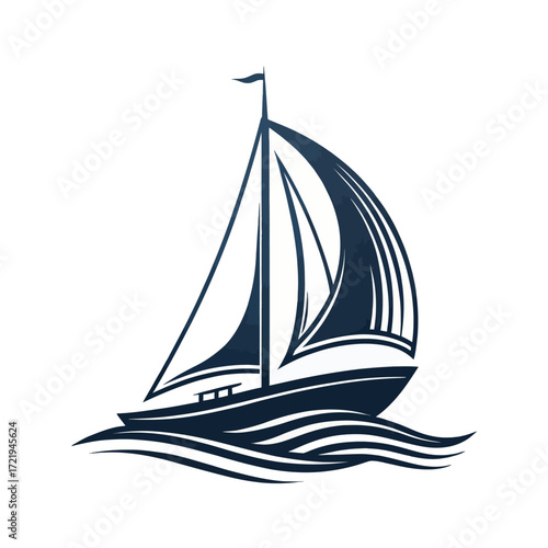 Stylized sailboat illustration with waves in dark blue isolated on white background