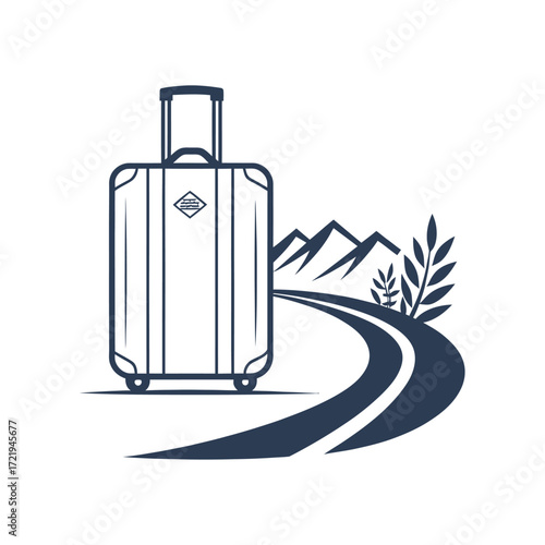 Travel icon with suitcase, winding road, and mountain landscape isolated on white background