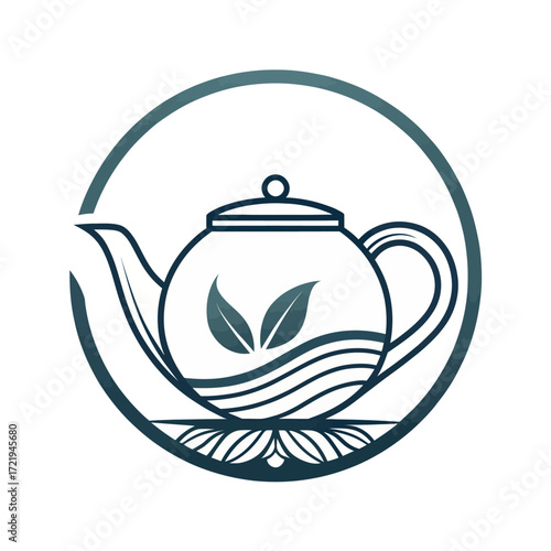 Teapot icon with leaf motifs in circular frame isolated on white background