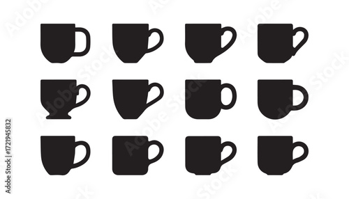 Collection of coffee cups silhouettes on white background