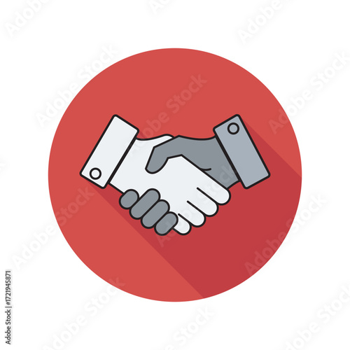 Flat design handshake icon symbol of business agreement and partnership on red background