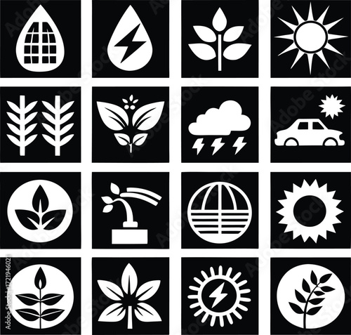 Collection of nature and energy icons including sun power water drop leaf plant cloud car and earth for eco-friendly concepts