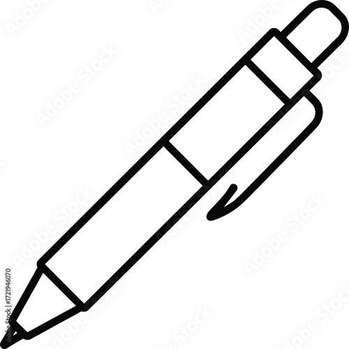 Black outline icon of a ballpoint pen on a white background writing stationery