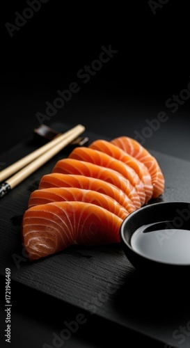 Fresh Salmon Sashimi Ready to Serve with Soy Sauce and Chopsticks