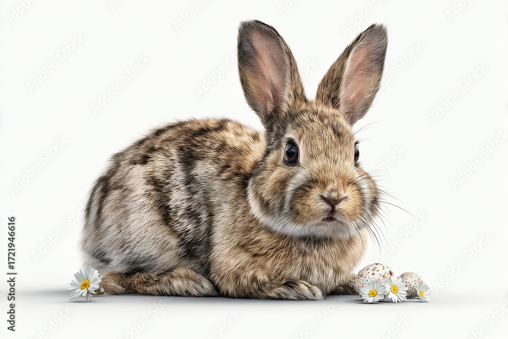 Fototapeta premium Adorable brown bunny rabbit sitting near Easter eggs and daisies on white background