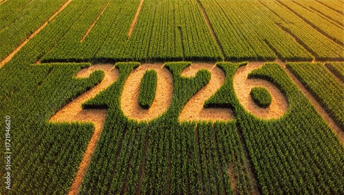 Aerial Crop Field with 2026 Cut Into Green Rows and Brown Soil Lines Agriculture Farming Background
